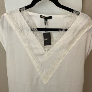 New Maje white blouse with lace v trim, white/ 2